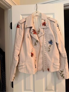 Floral Embroidered Pale Cream Western Faux Leather Moto Jacket